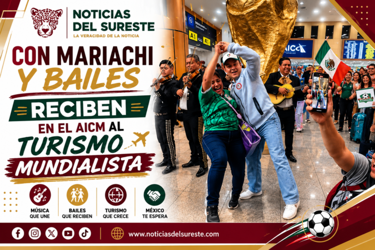 Con mariachi y bailes reciben en el AICM al turismo mundialista