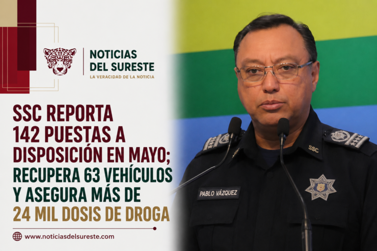 SSC reporta 142 puestas a disposición en mayo; recupera 63 vehículos y asegura más de 24 mil dosis de droga
