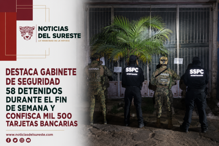 Destaca Gabinete de Seguridad 58 detenidos durante el fin de semana y confisca mil 500 tarjetas bancarias