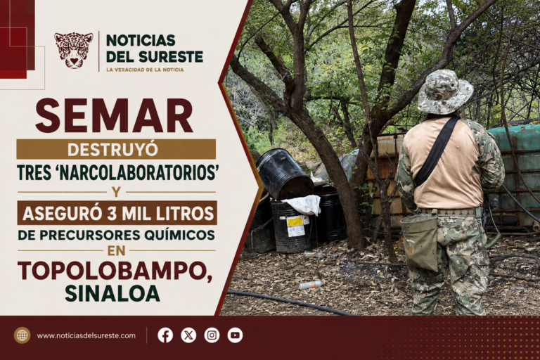 Semar destruyó tres ‘narcolaboratorios’ y aseguró 3 mil litros de precursores químicos en Topolobampo, Sinaloa
