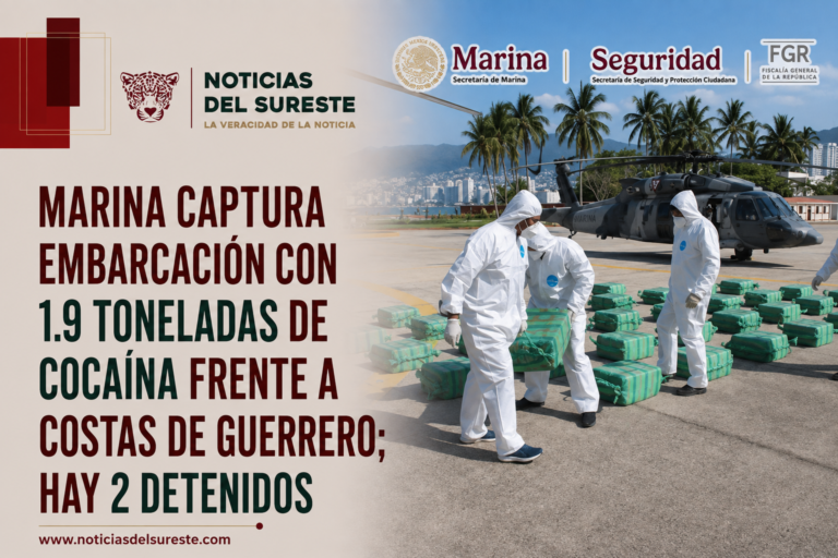Marina captura embarcación con 1.9 toneladas de cocaína frente a costas de Guerrero; hay 2 detenidos